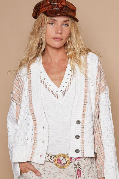 White / S POL Cable-Knit Plaid V-Neck Button Up Cardigan