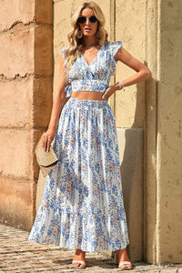 White / S Printed Tie Back Cropped Top and Maxi Skirt Set