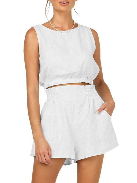 White / S Round Neck Sleeveless Top and Shorts Set