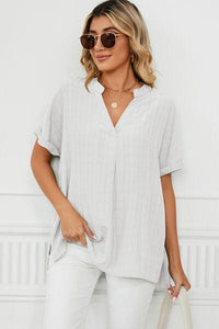 White / S Ruched Notched Short Sleeve Blouse