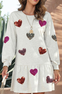 White / S Sequin Heart Round Neck Long Sleeve Mini Dress