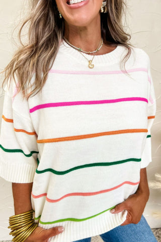 White / S Striped Half Sleeve Drop Shoulder Sweater