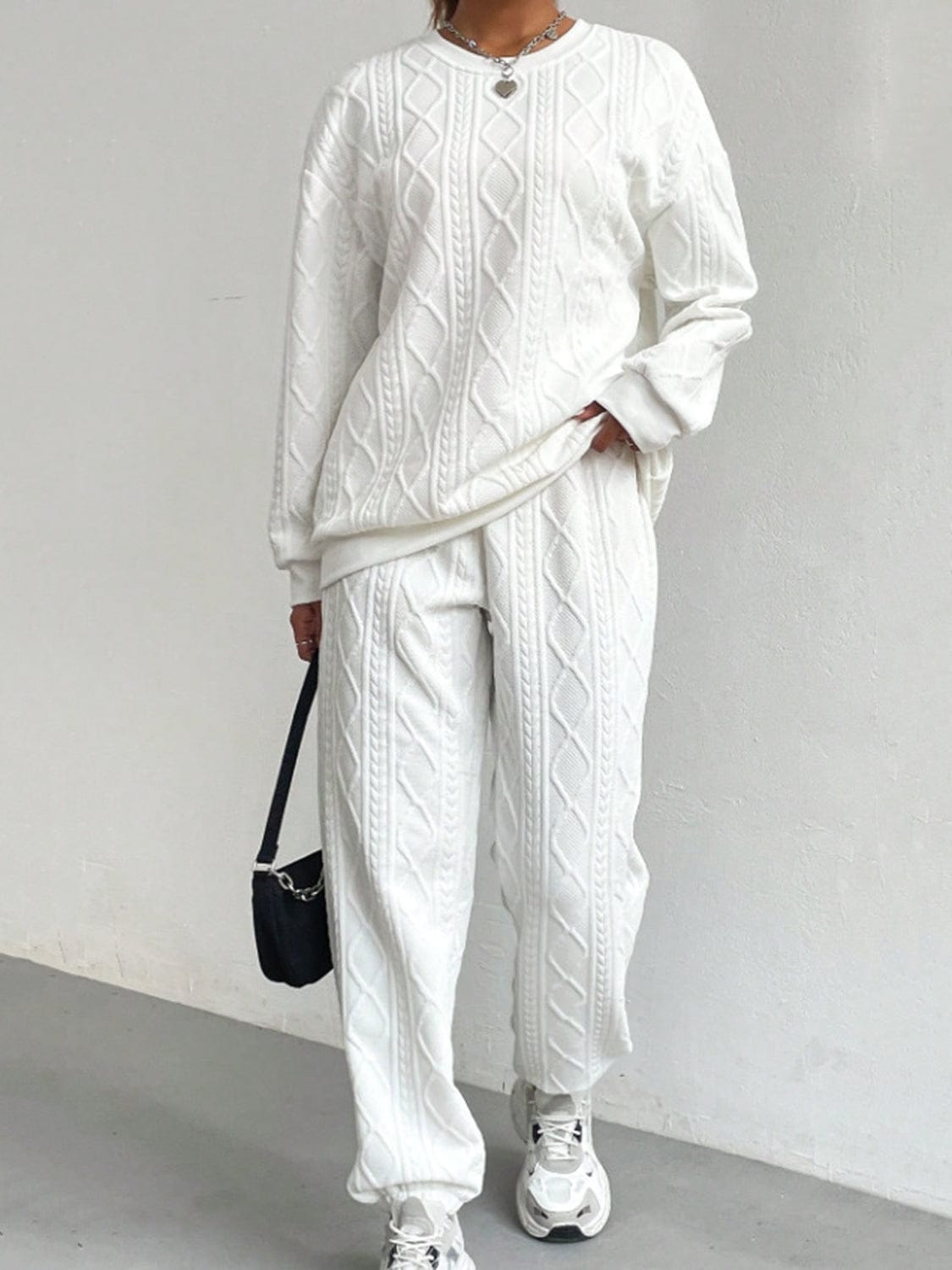 White / S Texture Round Neck Top and Pants Set