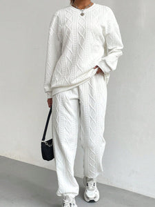 White / S Texture Round Neck Top and Pants Set