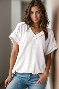 White / S Textured V-Neck Short Sleeve Top