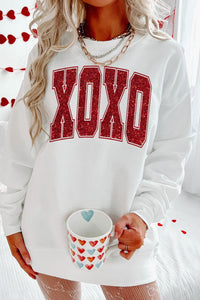 White / S Valentine’s Day XOXO Glitter Round Neck Sweatshirt