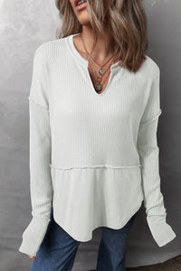 White / S Waffle-Knit Exposed Seam Notched Long Sleeve Top