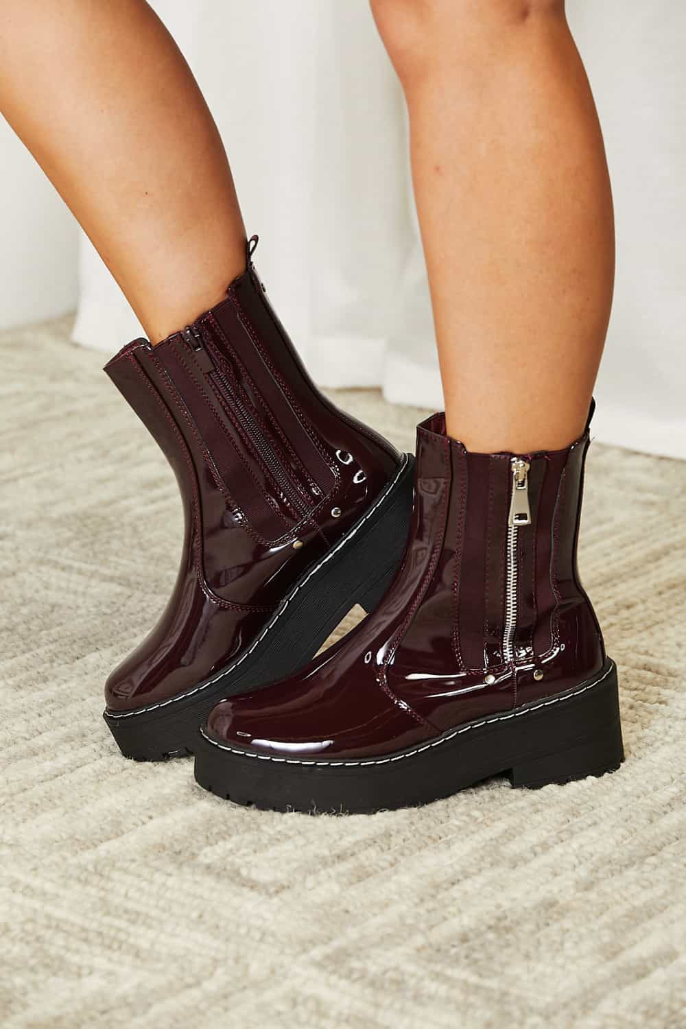 Wine / 6 Side Zip Platform Boots