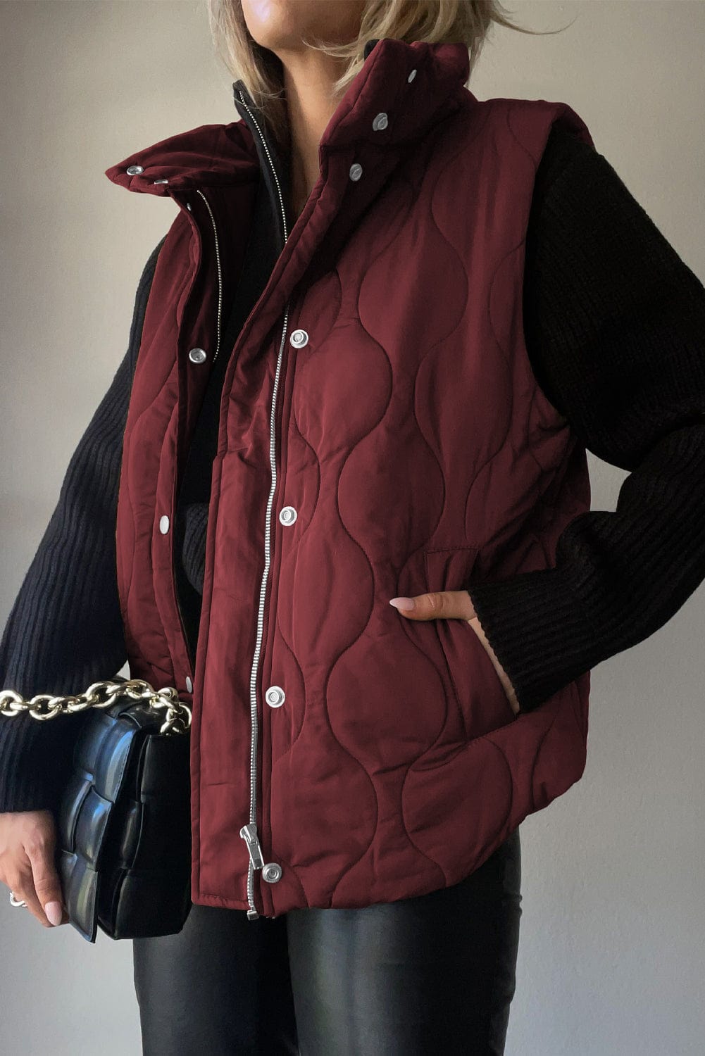 Wine / S Collared Neck Vest with Pockets