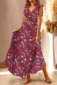 Wine / S Printed Tie Back Cropped Top and Maxi Skirt Set