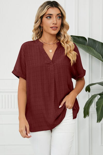 Wine / S Ruched Notched Short Sleeve Blouse