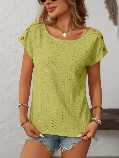 Yellow-Green / S Mandy Eyelet Round Neck Short Sleeve Top