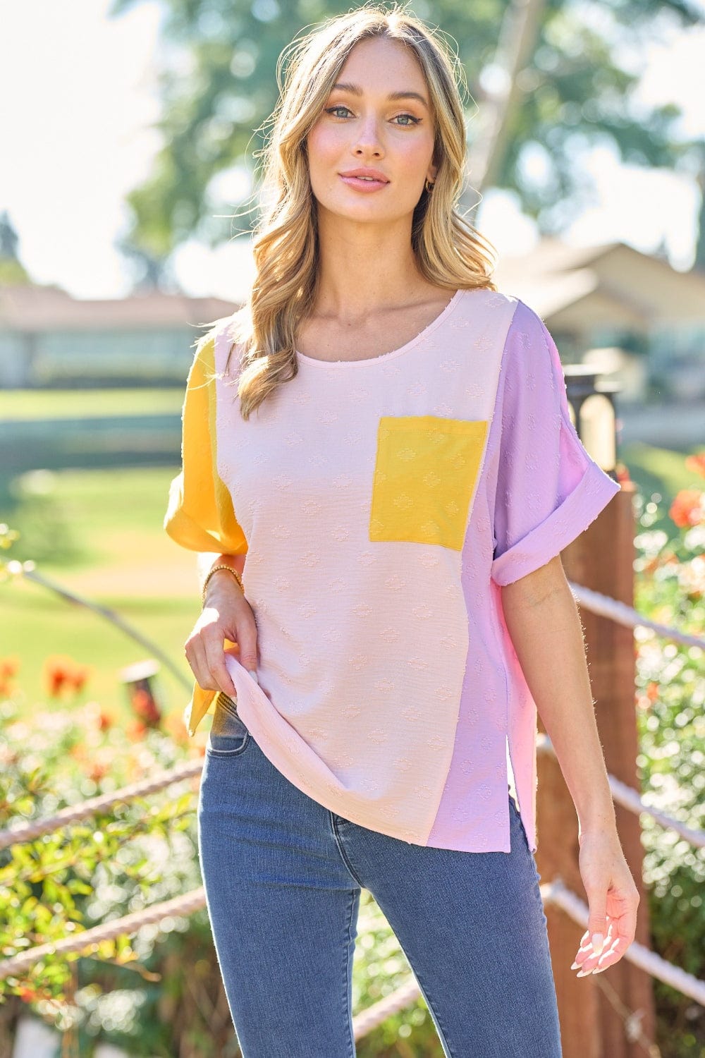 Yellow / S Hailey & Co Full Size Color Block Short Sleeve Top