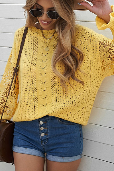 Yellow / S Openwork Round Neck Long Sleeve Sweater