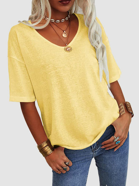 Yellow / S V-Neck Dropped Shoulder Half Sleeve T-Shirt