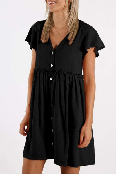 Black / S Buttoned Empire Waist Babydoll Dress