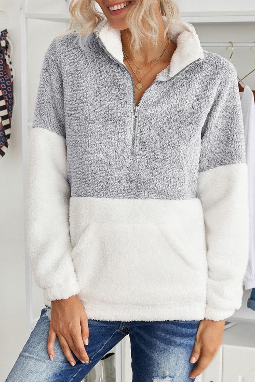 Gray / S Color Block Half-Zip Teddy Sweatshirt