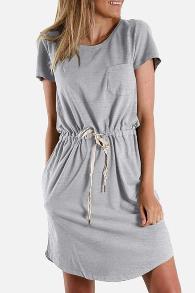 Pocketed Drawstring Waist Dress Gray / S