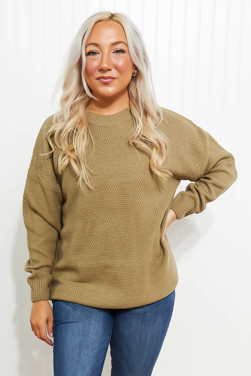 Khaki / S Zenana Bundled Up Full Size Round Neck Sweater